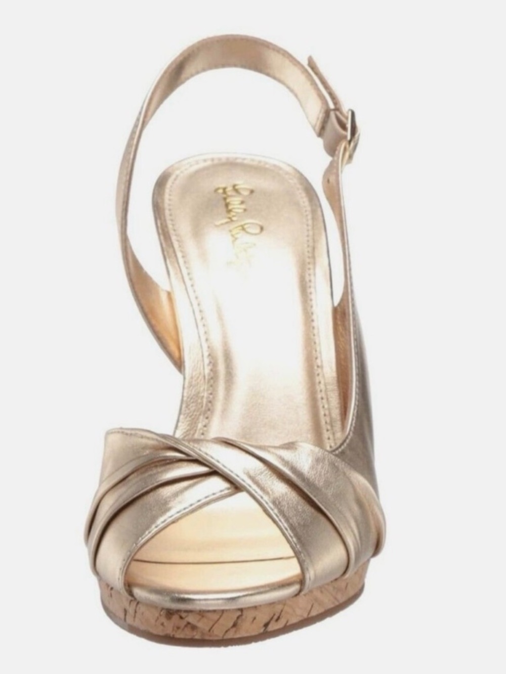 Lilly Pulitzer Gold Metallic Cork Wedge Slingback Heels Size 7.5 Peep Toe